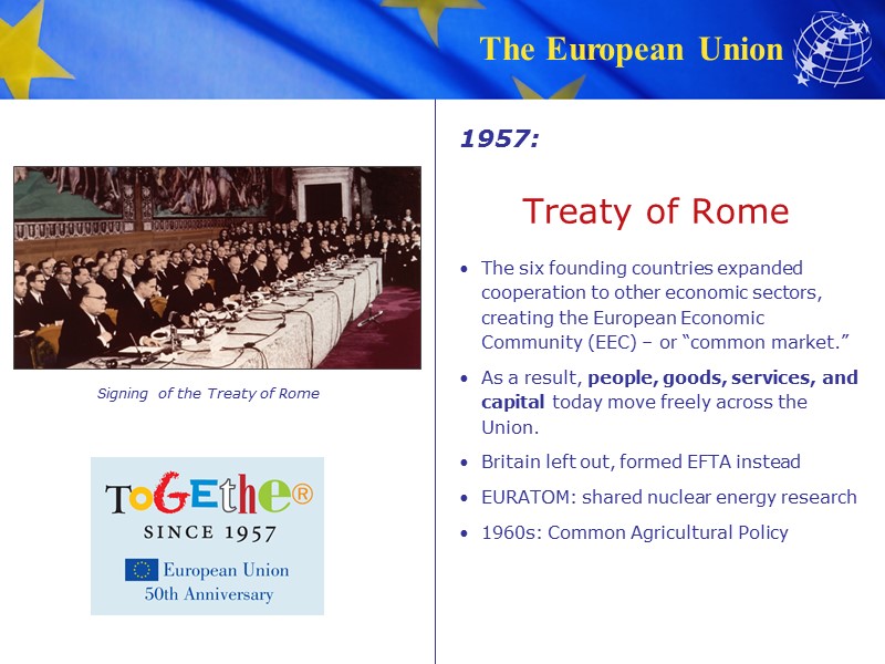 Treaty of Rome The six founding countries expanded cooperation to other economic sectors, creating